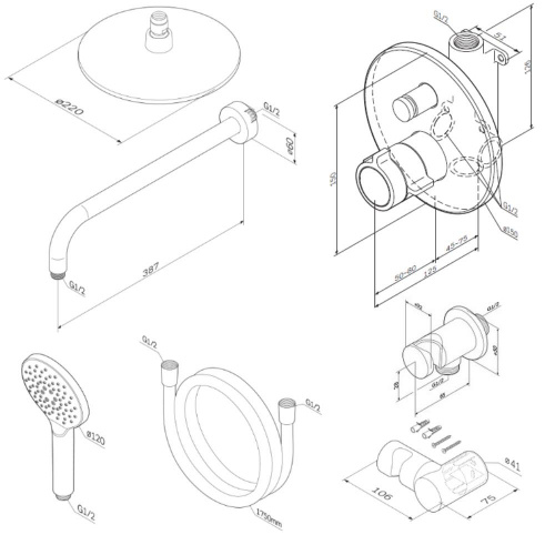 фото ft85a1rh10 x-joy, набор: см-ль д/душа с тмс, верхний душ 220 мм, ручн. душ, хром