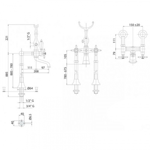 фото смеситель для ванны cezares nostalgia nostalgia-vdp-03/24-m золото 24 карат