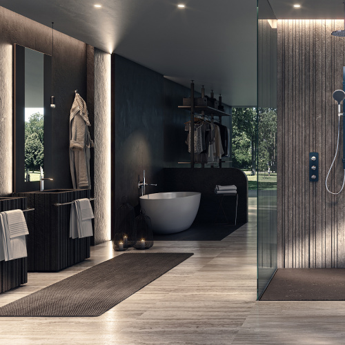 картинка BOSSINI APICE Смеситель для ванны встраиваемый, однорычажный, с ручным душем Slim и шлангом 1500 мм., внешняя часть, цвет черный матовый от магазина Сантехстрой