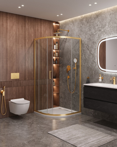 картинка Душевой уголок Cezares Molveno 90x90 MOLVENO-R-1-90-C-BORO-IV профиль Брашированное золото стекло прозрачное от магазина Сантехстрой