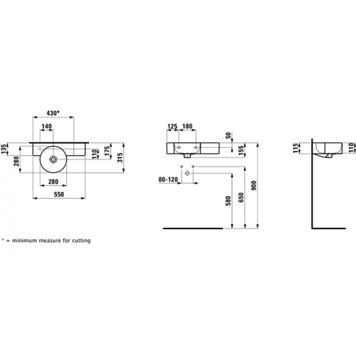 картинка Laufen VAL Раковина-мини  полка справа 550x315x115 мм с 1 отв. под смеситель, подрезаемая до 430 мм,,  цвет: белый (без полотенцедержателя!) от магазина Сантехстрой