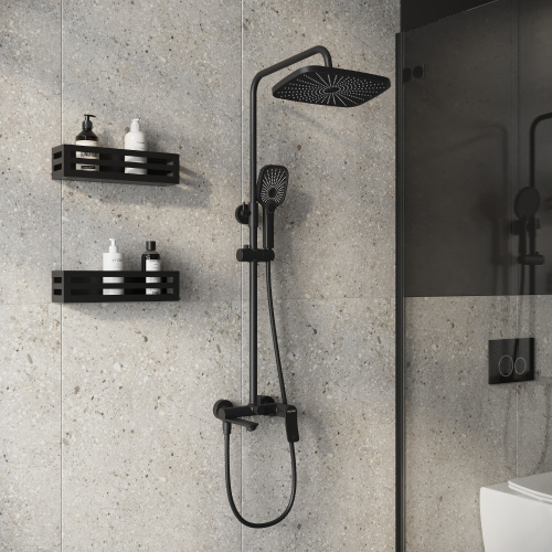 картинка Душевая стойка Advans 500.K35.09.210 с верхним душем, ручной лейкой и смесителем, черный матовый от магазина Сантехстрой