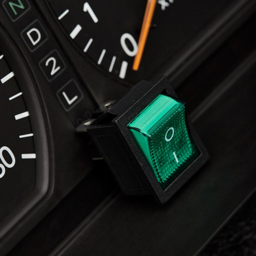 картинка Выключатель клавишный 250V 16А (4с) ON-OFF зеленый с подсветкой (RWB-502, SC-767, IRS-201-1) REXANT (в упак.  1шт. ) от магазина Сантехстрой