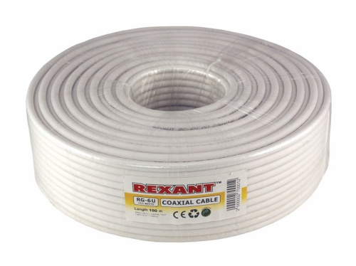 картинка Кабель коаксиальный RG-6U+Cu,  75 Ом, Cu/Al/Cu,  64%,  100 м, INDOOR,  белый,  REXANT от магазина Сантехстрой