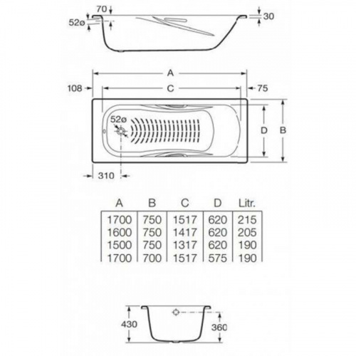 картинка Ванна стальная Roca PRINCESS 150х75, противоскользящее покрытие от магазина Сантехстрой