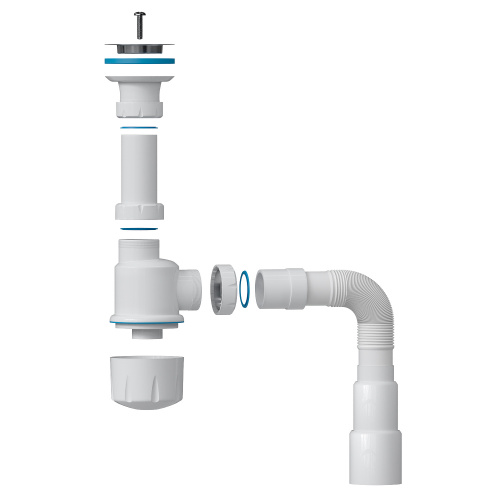 картинка Сифон для раковины BathMaster бутылочный с нерж. выпуском 64мм и гибкой трубой (1 1/2"- Ø40/50) от магазина Сантехстрой