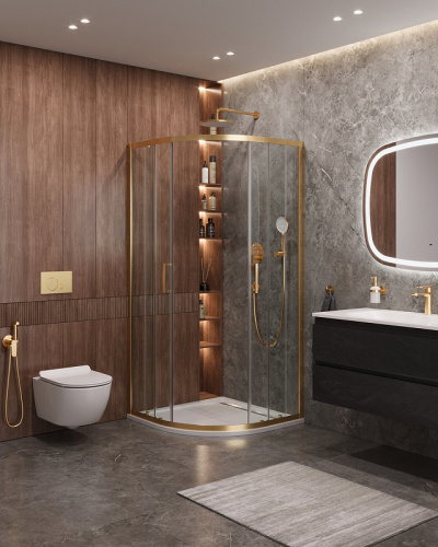 картинка Душевой уголок Cezares Molveno 90x90 MOLVENO-R-2-90-C-BORO-IV профиль Брашированное золото стекло прозрачное от магазина Сантехстрой