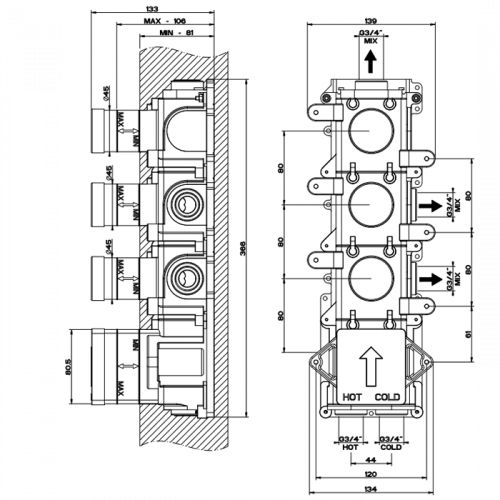 картинка Gessi Внутренняя часть встраиваемого термостатического смесителя с 3мя независимыми выходами от магазина Сантехстрой