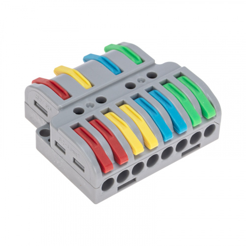 картинка Клемма СМК 4х2 проходная разветвительная 4 полюса,  с монтажной площадкой (1 ввод,  2 вывода на полюс) (20 шт/уп) REXANT от магазина Сантехстрой