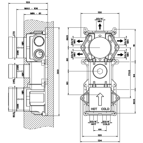 картинка Gessi Внутренняя часть встраиваемого термостатического смесителя с 5ю выходами и селектором от магазина Сантехстрой