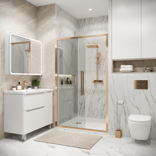 картинка Дверь в нишу Grossman Cosmo 100.K33.02.110.32.00 (110х195) золото сатин,стекло прозрачное,раздвижная, 1 место от магазина Сантехстрой