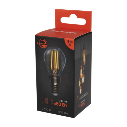 картинка Лампа филаментная Шарик GL45 7,5Вт 600Лм 2700K E14 диммируемая,  прозрачная колба REXANT от магазина Сантехстрой
