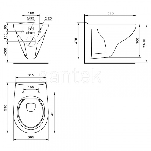 картинка Унитаз Пэк Santek "Бореаль" rimless подвесной, безободковый с тонким сиденьем, инсталляция, панель белого цвета (1.WH50.1.832) от магазина Сантехстрой
