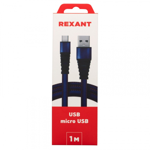картинка Кабель REXANT USB-microUSB 1 м,  плоский провод,  синяя джинсовая оплетка от магазина Сантехстрой
