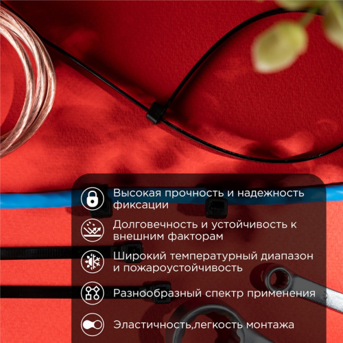 картинка Хомут-стяжка кабельная нейлоновая 300x4,8мм,  черная (100 шт/уп) REXANT от магазина Сантехстрой