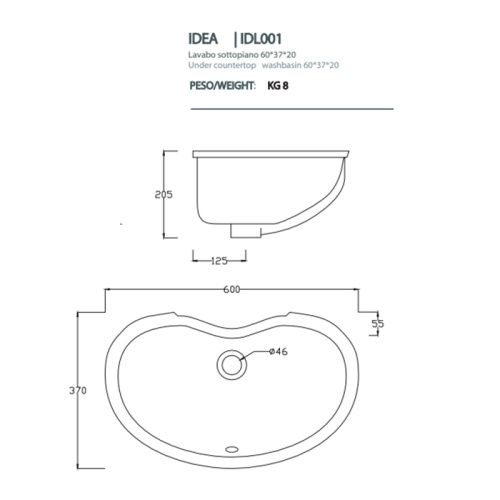 картинка Artceram WASHBASINS IDEA  Раковина встраиваемая снизу 60Х37 см, без отв под смеситель,  без крепежа ACA001, цвет белый. от магазина Сантехстрой