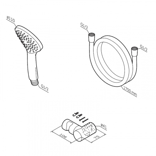 картинка F0119000 Gem душевой набор, шланг 1750 мм,держатель ручного душа, ручной душ 110 мм, 1 функция, хром от магазина Сантехстрой