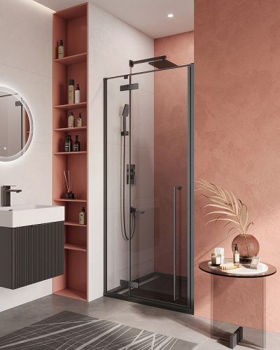 картинка Душевая дверь Cezares Liner 90 L LINER-B-12-90-C-NERO-L профиль Черный матовый стекло прозрачное от магазина Сантехстрой