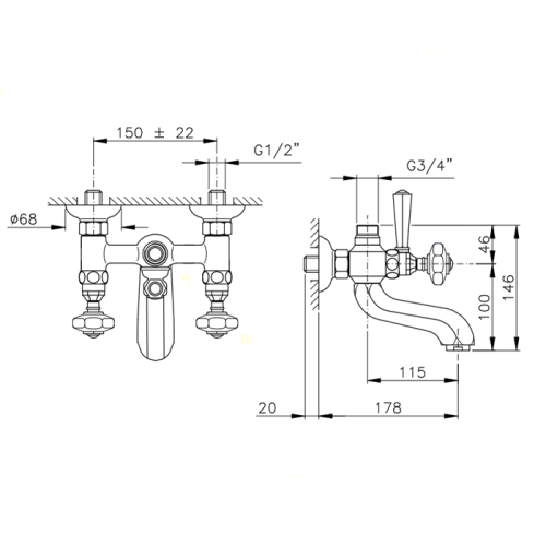 картинка Nicolazzi Teide Four Смеситель для ванны на 2 отверстия, с переключателем ванна/душ, вывод сверху 3/4" (для душ. стойки), цвет: бронза от магазина Сантехстрой