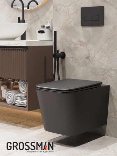 картинка Унитаз подвесной Grossman GR-4404BMSQ (520х373х365) безободковый,черный матовый с тонкой крышкой,микролифт,смыв торнадо,1 место от магазина Сантехстрой
