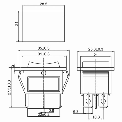 картинка Переключатель клавишный 250V 15А (6с) ON-OFF-ON черный с нейтралью (RWB-508, SC-767) REXANT от магазина Сантехстрой