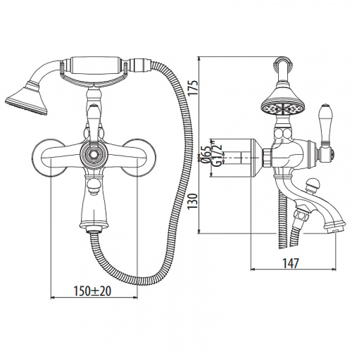 картинка Gattoni Orta Смеситель для ванны с душем, с белой ручкой, цвет бронза (дизайн до 2021г) (ЗАКАЗ по запросу!) от магазина Сантехстрой