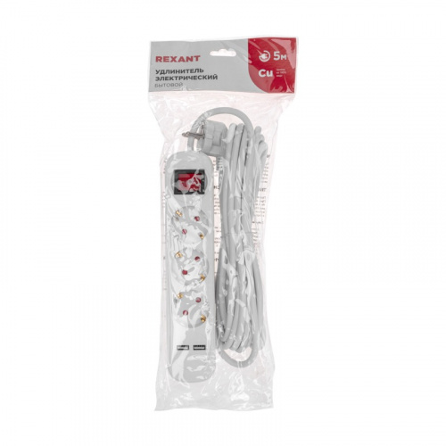 картинка Удлинитель STANDARD 3 гнезда,  5м,  3х1,0мм²,  с/з,  с выключателем,  2 USB,  белый REXANT от магазина Сантехстрой