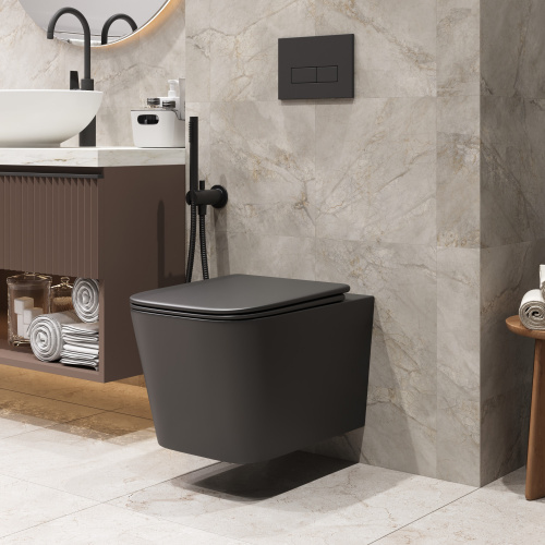 картинка Унитаз подвесной Grossman GR-4404BMSQ (520х373х365) безободковый,черный матовый с тонкой крышкой,микролифт,смыв торнадо,1 место от магазина Сантехстрой