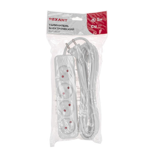 картинка Удлинитель STANDARD 4 гнезда,  5м,  2х1,0мм²,  б/з,  белый REXANT от магазина Сантехстрой