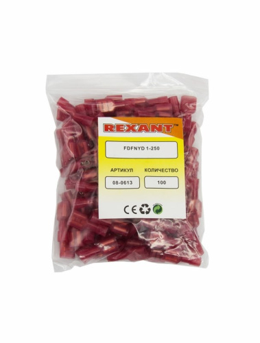 картинка Клемма плоская полностью изолированная в нейлоне РПи-м(н) 1.5-(6.3)/РпИм-н 1,25-7-0,8 гнездо 6.6 мм,  0.5-1.5 мм²,  красный REXANT от магазина Сантехстрой