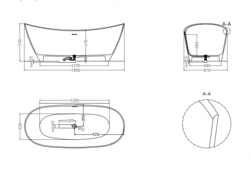 картинка Salini NOEMI Ванна отдельностоящая 1850х810х720мм, донный клапан "Up&Down", сифон,  слив-перелив, мат-л: S-Sense, глянцевый, белый. Фурнитура: белая. от магазина Сантехстрой