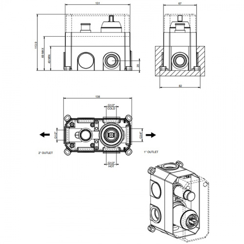 картинка Gessi Emporio Via manzoni Встраиваемая часть для смесителя на 2 выхода, цвет: Black XL от магазина Сантехстрой