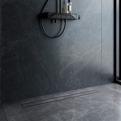 картинка W02SC-U11-090-04BM PrimeFlow Трап для душа линейный универс затвор Tile 90см цвет черн мат от магазина Сантехстрой