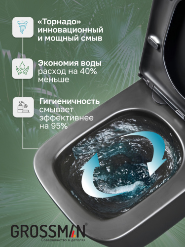 картинка Унитаз подвесной Grossman GR-4404BMSQ (520х373х365) безободковый,черный матовый с тонкой крышкой,микролифт,смыв торнадо,1 место от магазина Сантехстрой