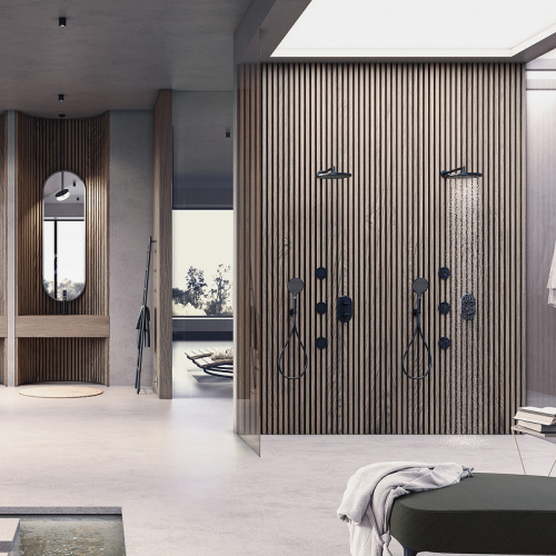 картинка BOSSINI APICE Смеситель для душа встраиваемый, термостатический, с переключателем на 2-5 положений, внешняя часть, цвет черный матовый от магазина Сантехстрой