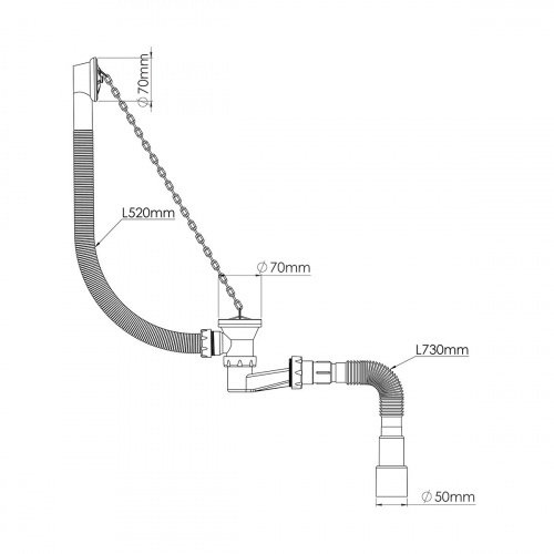 картинка Сифон для ванн BathMaster с переливом, цепочкой, пробкой и гибкой трубой (1 1/2"- Ø40/50) от магазина Сантехстрой