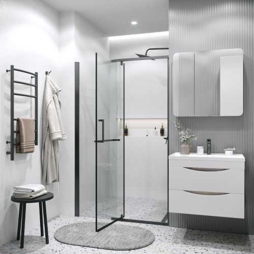 картинка Дверь в нишу 100.K33.03.100.21.00 Pragma (100*195) черный матовый, стекло прозрачное, 1 место от магазина Сантехстрой