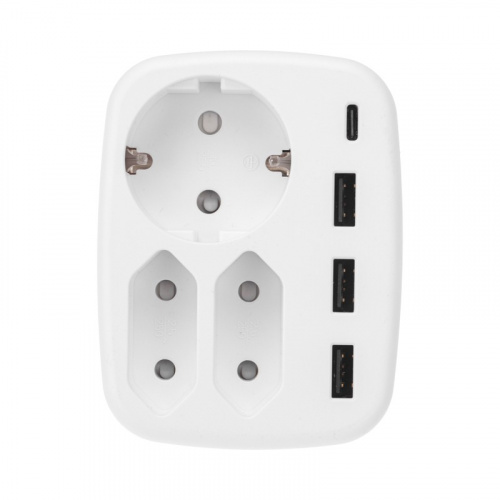 картинка Тройник электрический 16А + 2х2,5А с заземлением + 3хUSB-A 2,4А + USB Type-C 3А,  белый REXANT от магазина Сантехстрой