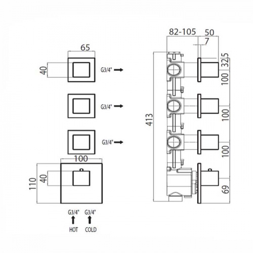 картинка Bossini Встр. часть термостата с 3 запорными клапанами, (3 выхода) высокой пропускной способности на &frac34;&rdquo;, уст-ка верт/гор. от магазина Сантехстрой