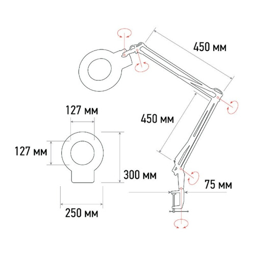 картинка Лупа на струбцине круглая 5D с подсветкой 56 SMD LED,  ø127мм,  черная REXANT от магазина Сантехстрой