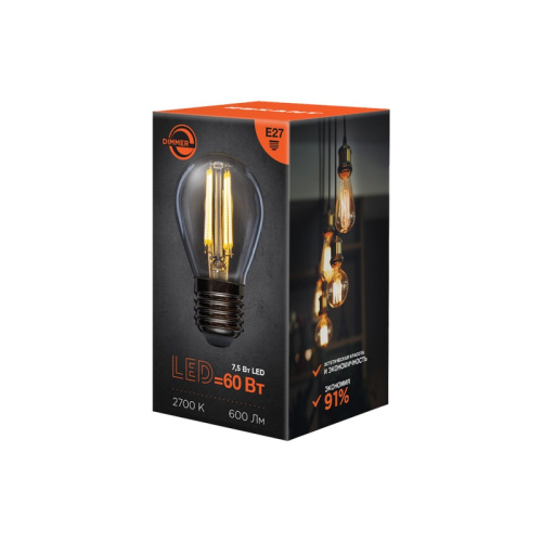 картинка Лампа филаментная Шарик GL45 7,5Вт 600Лм 2700K E27 диммируемая,  прозрачная колба REXANT от магазина Сантехстрой