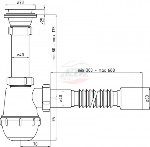 картинка Сифон для раковины АНИ Пласт Грот 1 1/2"х40 с гибкой трубой 40х50 (A0110) от магазина Сантехстрой