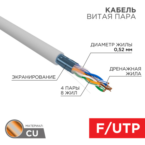 картинка Кабель витая пара F/UTP, CAT 5e, PVC нг(А)-LS, 4х2х0,52мм, 4PR, 24AWG, INDOOR, SOLID, серый, 305м, РФ REXANT от магазина Сантехстрой
