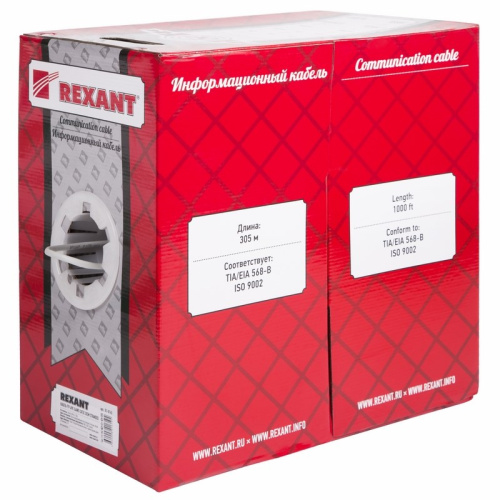 картинка Кабель витая пара F/UTP,  CAT 5e, PVC,  4PR,  24AWG, INDOOR, STRANDED,  серый,  305 м,  REXANT от магазина Сантехстрой