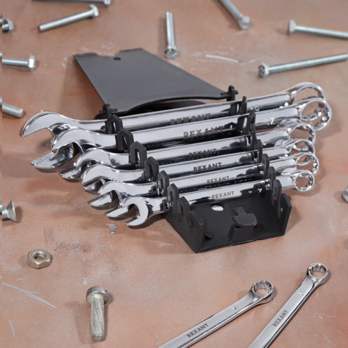 картинка Набор ключей комбинированных (8-19мм),  8 шт, CrV,  зеркальное хромирование REXANT от магазина Сантехстрой