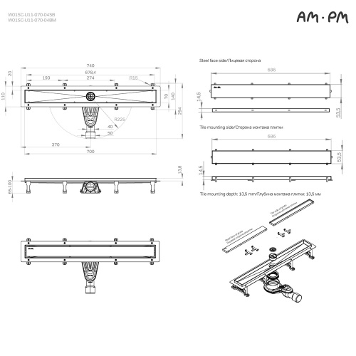 картинка W01SC-U11-070-04SB MasterFlow Трап для душа линейный универс затвор Tile 70см цвет сталь мат от магазина Сантехстрой