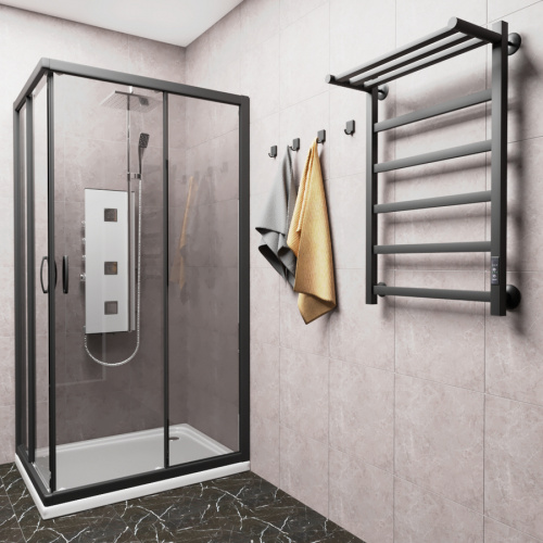 картинка Полотенцесушитель электрический ВИД 81-10 ПРОФИЛЬНЫЙ с полкой 800х500 правый, скр.монтаж, СНШ, черный матовый(RAL 9005), (Ferrum, равномерные перкаладины), Маргроид от магазина Сантехстрой