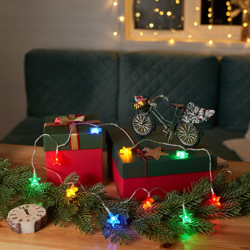 картинка Гирлянда светодиодная Звездочки 1,5 м,  10 LED,  прозрачный ПВХ,  цвет свечения мультиколор,  2 х АА (батарейки не в комплекте) NEON-NIGHT от магазина Сантехстрой
