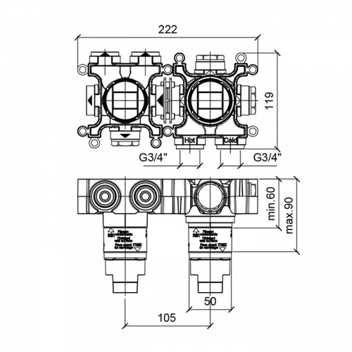 картинка ALMAR Встраиваемая часть термостатического смесителя с переключателем на 3 положения, горизонтальный модуль от магазина Сантехстрой