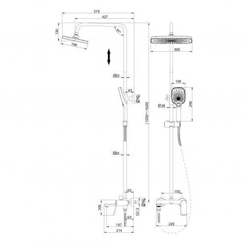 картинка Душевая стойка Advans 500.K35.09.100 с верхним душем, ручной лейкой и смесителем, хром глянцевый от магазина Сантехстрой
